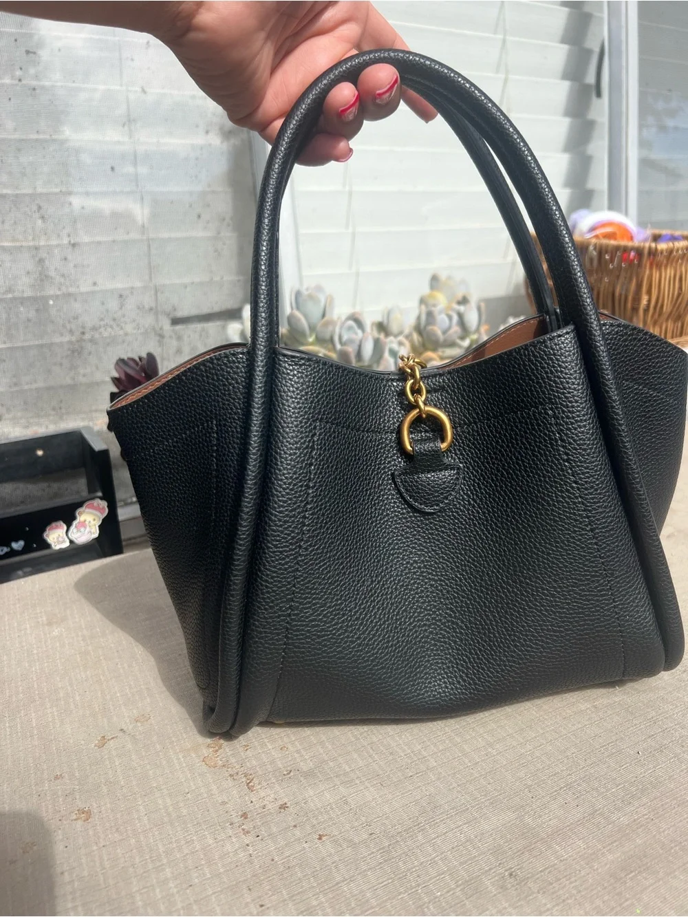 Black Pebbled Leather Tote with Gold Hardware